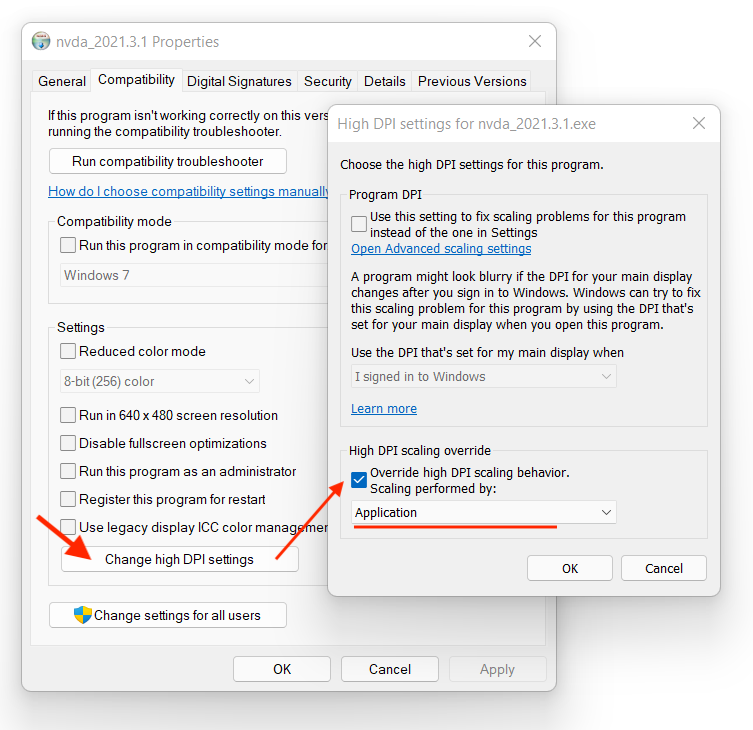 NVDA compatibility settings